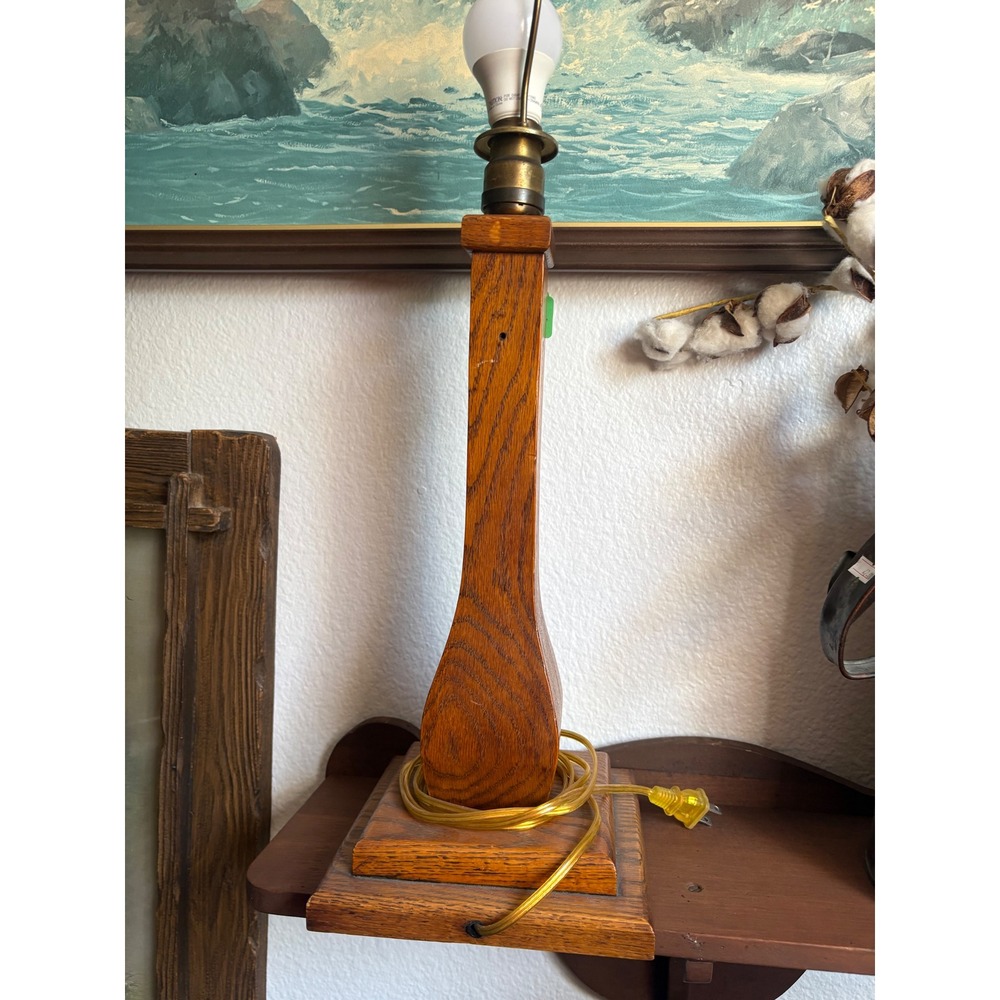 Vintage Solid Oak Wood Table Lamp Handcrafted Rustic Farmhouse Bedside Light - Picture 3 of 3